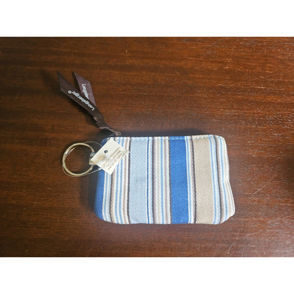 Longaberger Coin Purse Womens OS Blue Cabana Stripe Fabric Keychain NEW